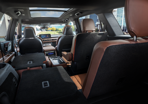 The interior of the 2025 Lincoln Aviator® SUV is shown with two seats folded down for added space. | Joe Rizza Lincoln of Orland Park in Orland Park IL