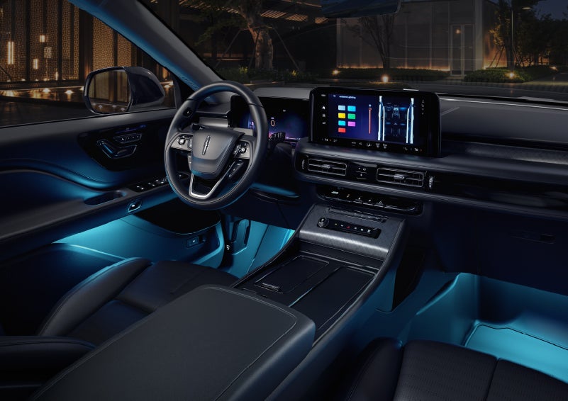 Deep blue ambient lighting glows from various places within a 2026 Lincoln Aviator® SUV. | Joe Rizza Lincoln of Orland Park in Orland Park IL